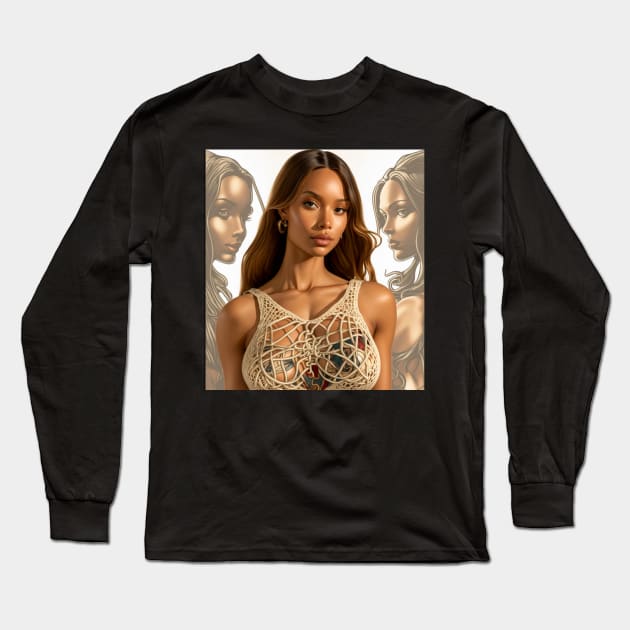 Portrait comics art of a beautiful black woman with tatoos Long Sleeve T-Shirt by ai1art